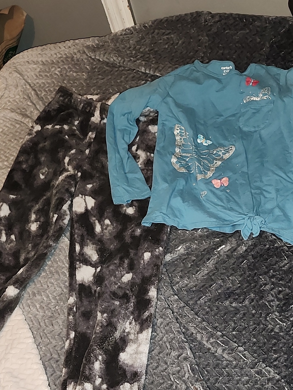 Carter's Teal Butterfly Long-Sleeve Pajama Set with Black & White Plush Pants